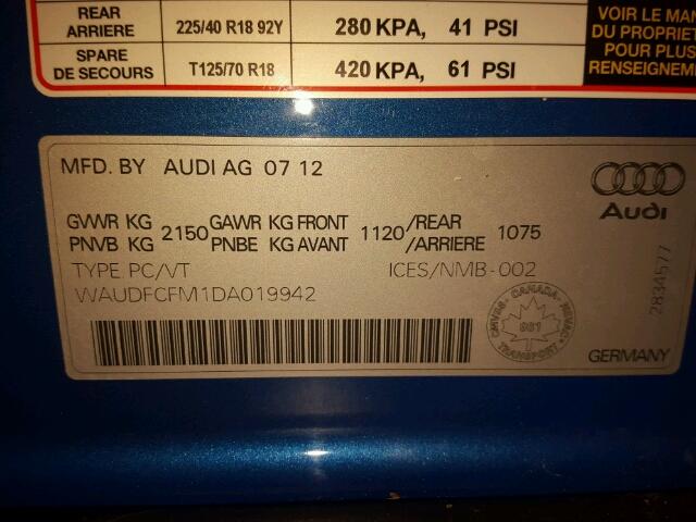 WAUDFCFM1DA019942 - 2013 AUDI A3 PREMIUM BLUE photo 10