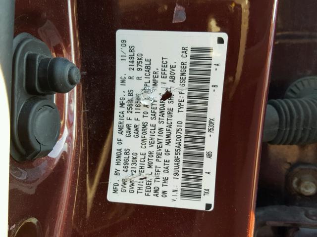 19UUA8F55AA007510 - 2010 ACURA TL RED photo 10