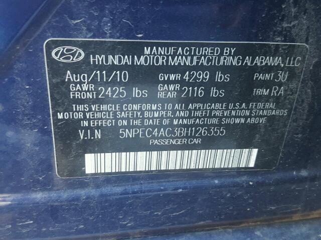 5NPEC4AC3BH126355 - 2011 HYUNDAI SONATA SE BLUE photo 10