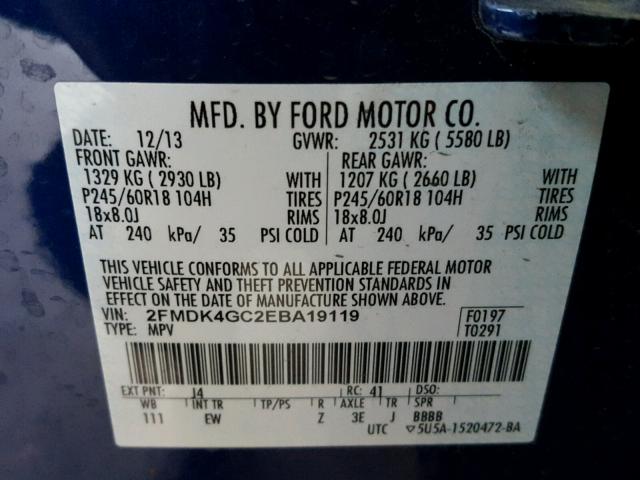 2FMDK4GC2EBA19119 - 2014 FORD EDGE SE BLUE photo 10