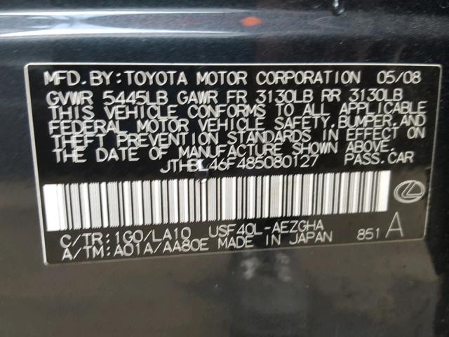 JTHBL46F485080127 - 2008 LEXUS LS 460 GRAY photo 10