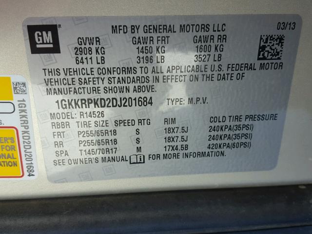 1GKKRPKD2DJ201684 - 2013 GMC ACADIA SLE SILVER photo 10