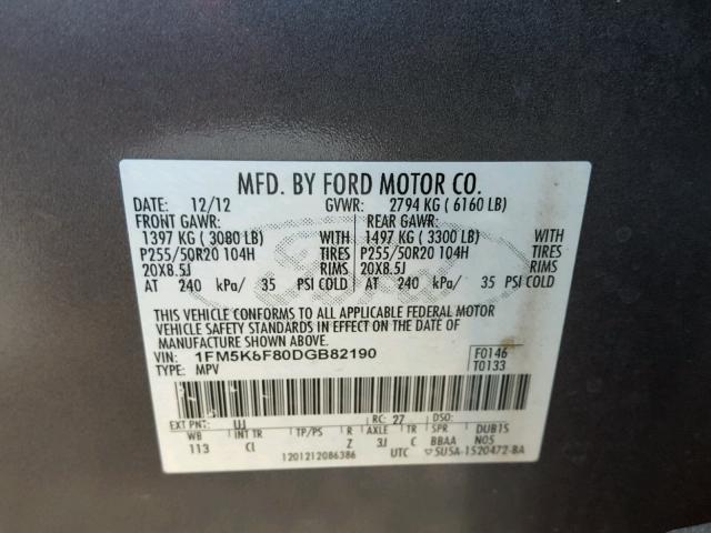 1FM5K8F80DGB82190 - 2013 FORD EXPLORER L GRAY photo 10