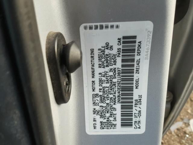 1NXBU40E29Z113837 - 2009 TOYOTA COROLLA BA SILVER photo 10