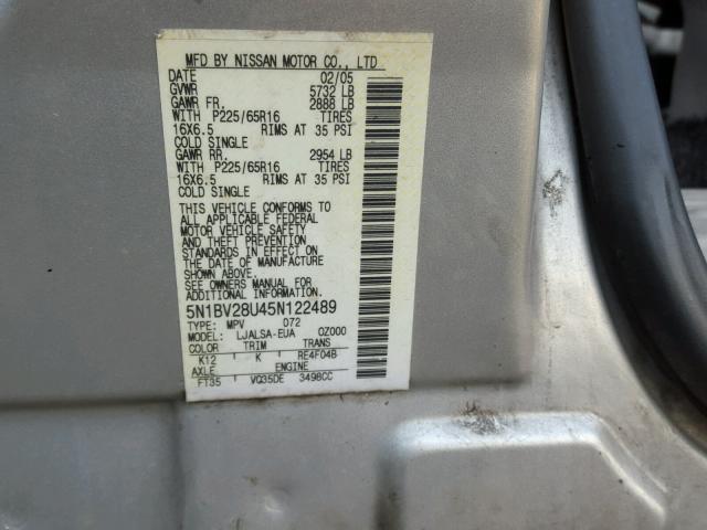 5N1BV28U45N122489 - 2005 NISSAN QUEST S SILVER photo 10