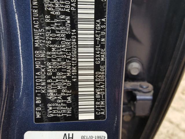 4T1BK1EB9GU204314 - 2016 TOYOTA AVALON XLE BLUE photo 10