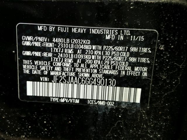 JF2SJAAC6GG490130 - 2016 SUBARU FORESTER 2 BLACK photo 10