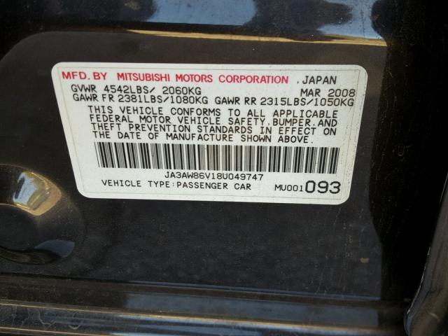 JA3AW86V18U049747 - 2008 MITSUBISHI LANCER EVO BLACK photo 10