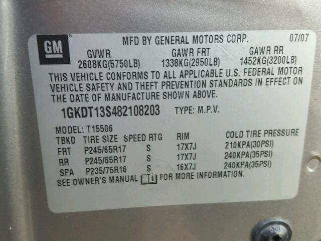 1GKDT13S482108203 - 2008 GMC ENVOY GRAY photo 10