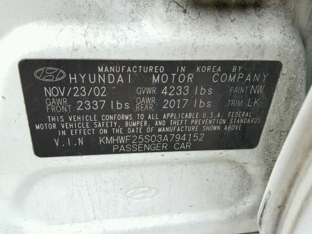 KMHWF25S03A794152 - 2003 HYUNDAI SONATA GL WHITE photo 10