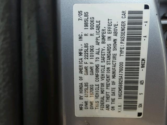 1HGCM56825A176000 - 2005 HONDA ACCORD EX SILVER photo 10