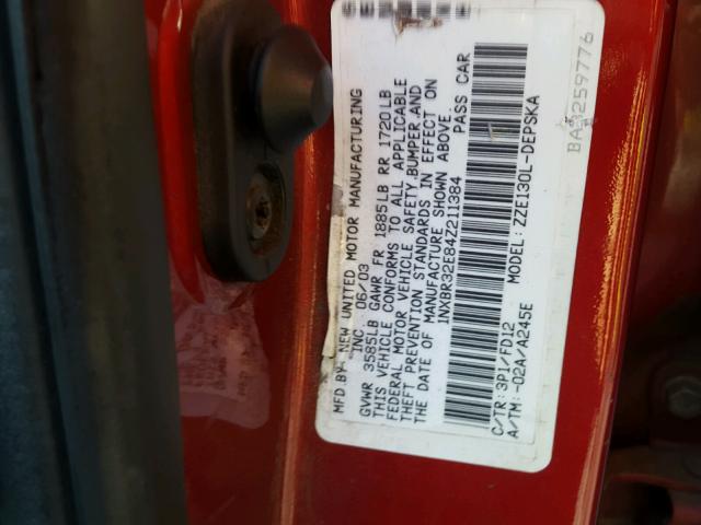 1NXBR32E84Z211384 - 2004 TOYOTA COROLLA CE RED photo 10