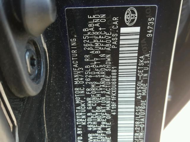 4T1BF1FKXDU688881 - 2013 TOYOTA CAMRY L BLACK photo 10