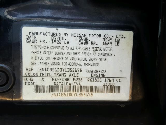 3N1CB51D0YL355175 - 2000 NISSAN SENTRA BAS BLACK photo 10