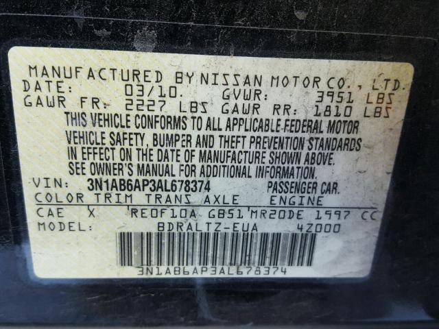 3N1AB6AP3AL678374 - 2010 NISSAN SENTRA 2.0 BLUE photo 10