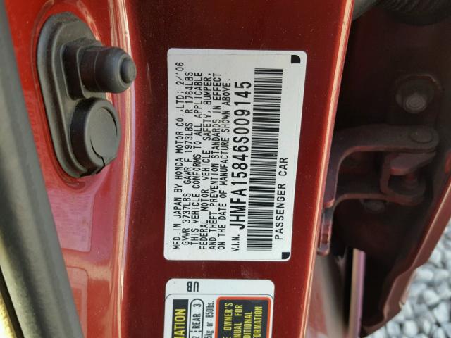 JHMFA15846S009145 - 2006 HONDA CIVIC EX RED photo 10