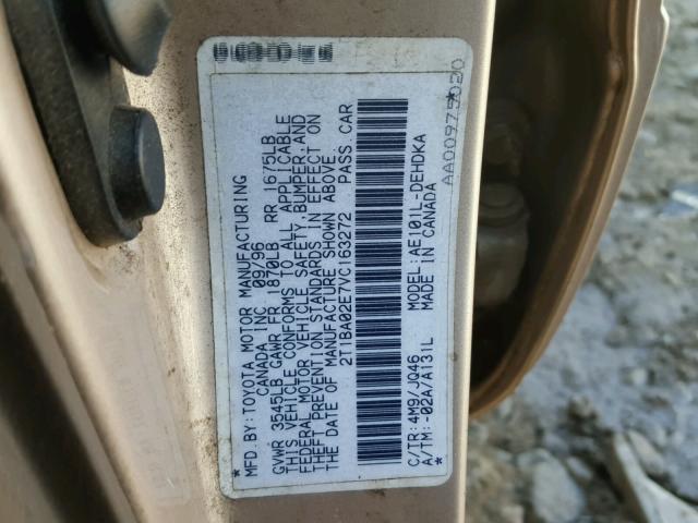 2T1BA02E7VC163272 - 1997 TOYOTA COROLLA BA BEIGE photo 10