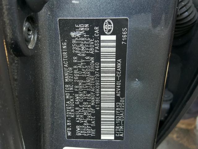 4T1BE46K09U797460 - 2009 TOYOTA CAMRY BASE SILVER photo 10