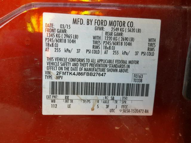 2FMTK4J86FBB27647 - 2015 FORD EDGE SEL BURGUNDY photo 10