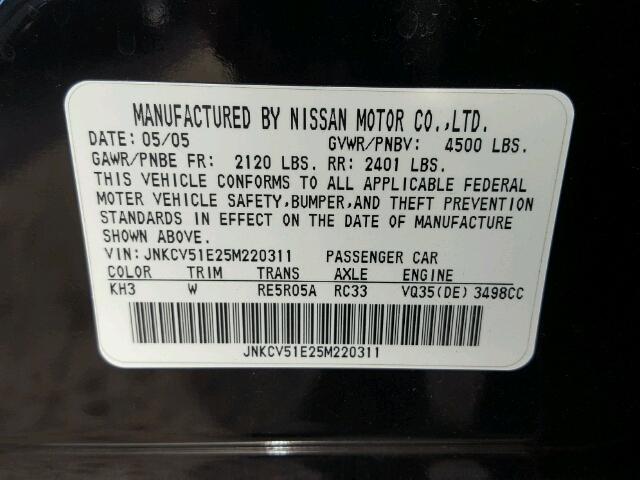 JNKCV51E25M220311 - 2005 INFINITI G35 BLACK photo 10