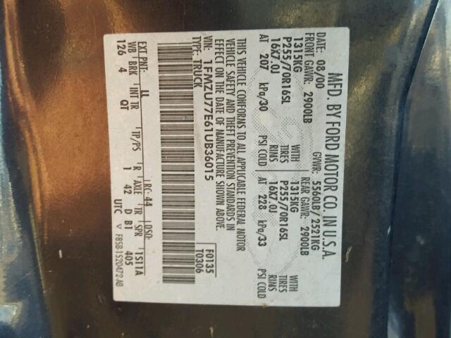 1FMZU77E61UB36015 - 2001 FORD EXPLORER S 蓝色 照片 10