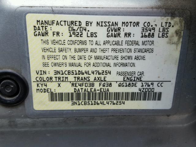 3N1CB51D64L476254 - 2004 NISSAN SENTRA 1.8 SILVER photo 10