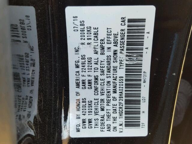 1HGCR2F39HA020559 - 2017 HONDA ACCORD LX BLACK photo 10