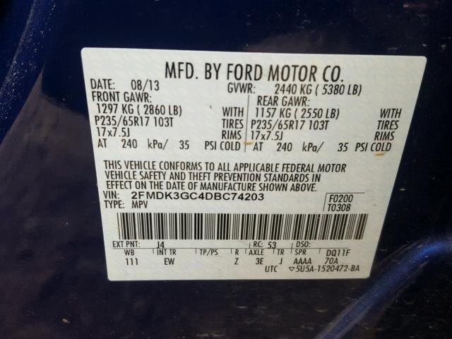 2FMDK3GC4DBC74203 - 2013 FORD EDGE SE BLUE photo 10