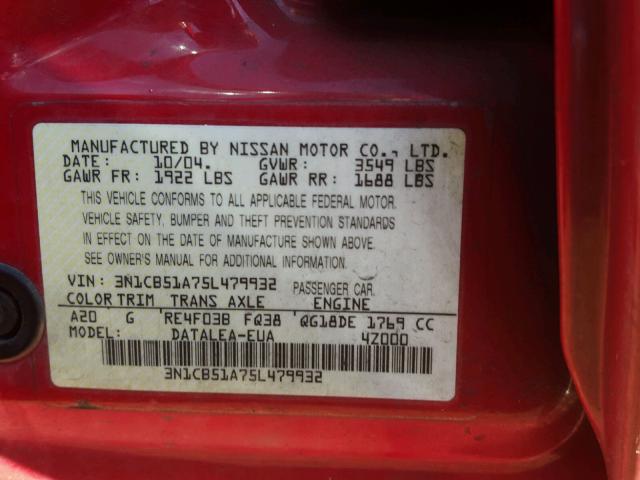 3N1CB51A75L479932 - 2005 NISSAN SENTRA 1.8 RED photo 10