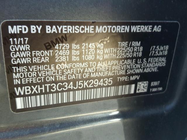 WBXHT3C34J5K29435 - 2018 BMW X1 XDRIVE2 GRAY photo 10