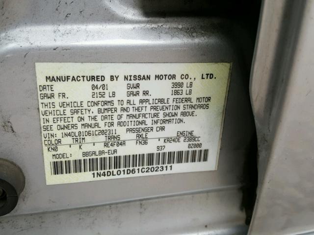 1N4DL01D61C202311 - 2001 NISSAN ALTIMA XE SILVER photo 10