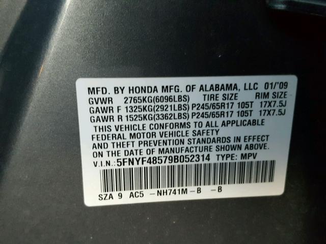 5FNYF48579B052314 - 2009 HONDA PILOT EXL CHARCOAL photo 10