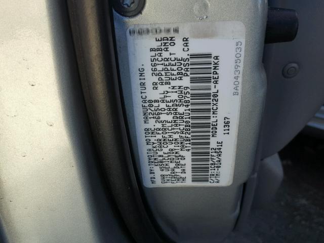 4T1BF28B01U148759 - 2001 TOYOTA AVALON XL SILVER photo 10