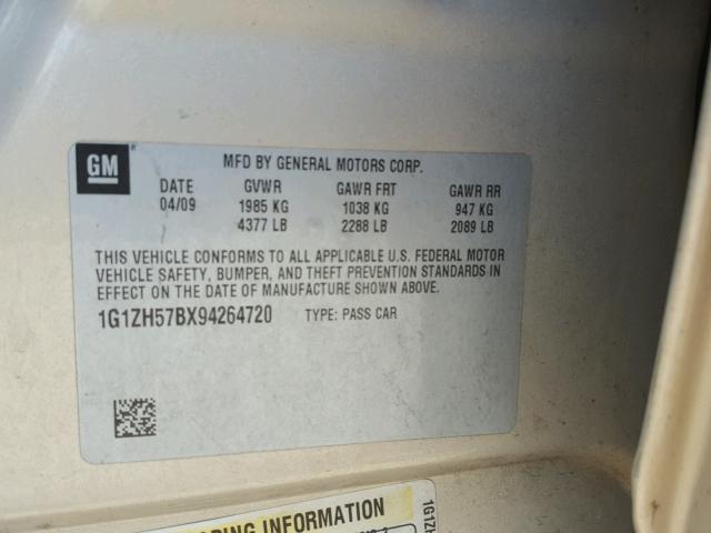 1G1ZH57BX94264720 - 2009 CHEVROLET MALIBU 1LT 金色 照片 10