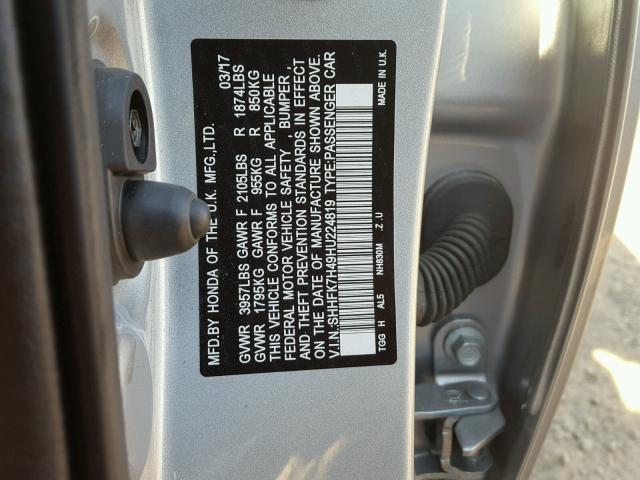 SHHFK7H49HU224819 - 2017 HONDA CIVIC SPOR SILVER photo 10