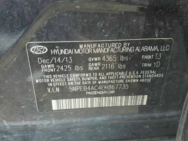 5NPEB4AC4EH867735 - 2014 HYUNDAI SONATA GLS BLUE photo 10