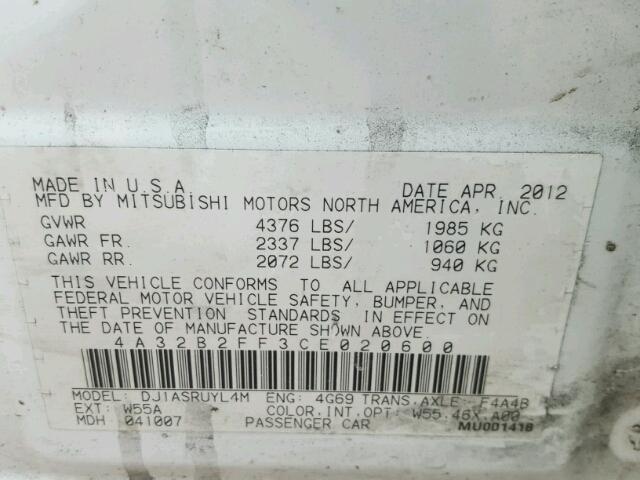 4A32B2FF3CE020600 - 2012 MITSUBISHI GALANT FE WHITE photo 10