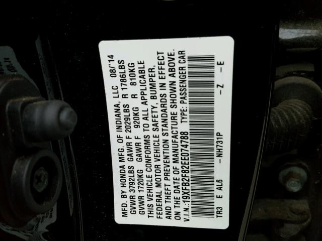 19XFB2F82EE074788 - 2014 HONDA CIVIC EX BLACK photo 10