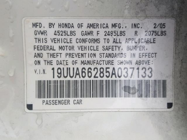 19UUA66285A037133 - 2005 ACURA TL WHITE photo 10