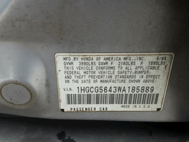 1HGCG5643WA185889 - 1998 HONDA ACCORD LX SILVER photo 10