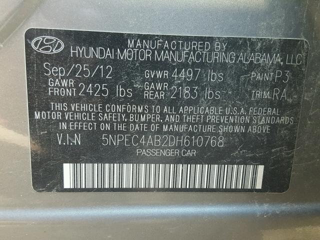 5NPEC4AB2DH610768 - 2013 HYUNDAI SONATA SE GRAY photo 10