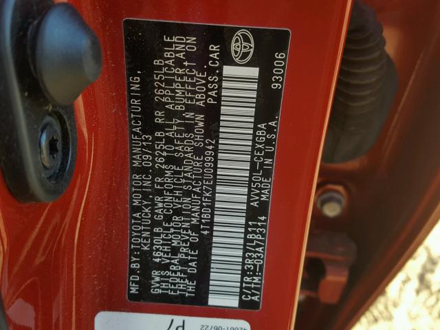 4T1BD1FK7EU099942 - 2014 TOYOTA CAMRY HYBR RED photo 10