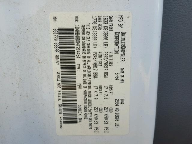 1D4HB48D94F214454 - 2004 DODGE DURANGO SL WHITE photo 10