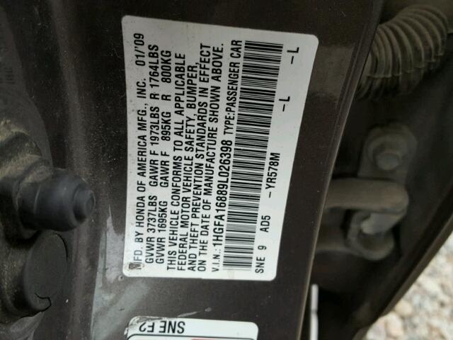 1HGFA16889L026398 - 2009 HONDA CIVIC EX GRAY photo 10