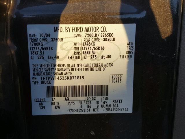 1FTPW14535KB71815 - 2005 FORD F150 SUPER GRAY photo 10