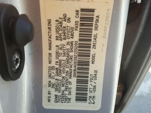 1NXBU40E09Z155293 - 2009 TOYOTA COROLLA BA SILVER photo 10