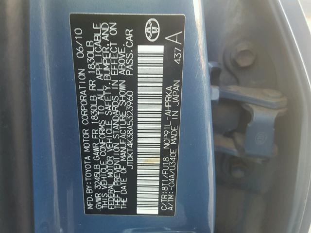 JTDKT4K38A5323960 - 2010 TOYOTA YARIS BLUE photo 10