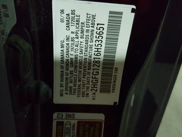 2HGFG12816H535651 - 2006 HONDA CIVIC EX BLACK photo 10