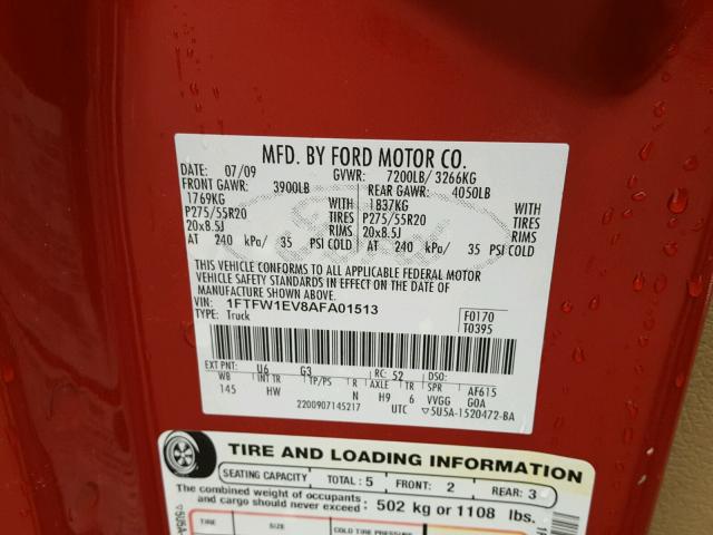 1FTFW1EV8AFA01513 - 2010 FORD F150 SUPER RED photo 10