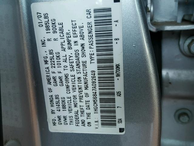 1HGCM56847A092649 - 2007 HONDA ACCORD EX SILVER photo 10